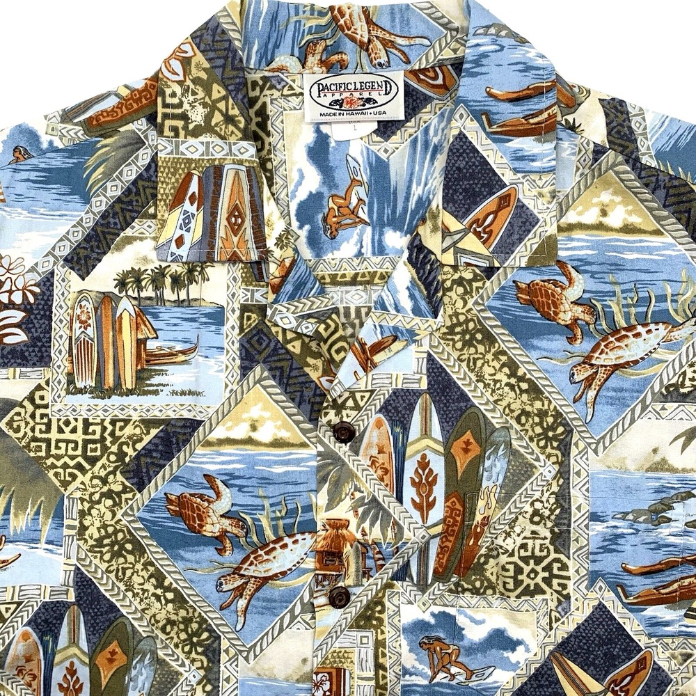 Pacific Legend Hawaiian Shirt Mens L Blue Surfing Sea Turtle Cotton Aloha Shirt